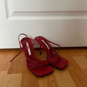 Strappy Square Toe Red Heels